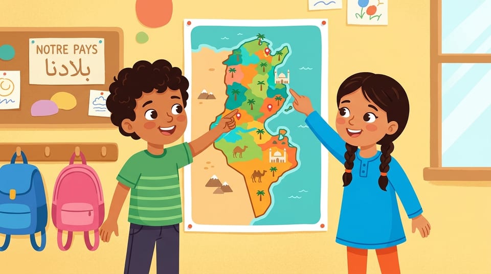 Lina et Omar pointent leurs villes sur une carte colorée de la Tunisie